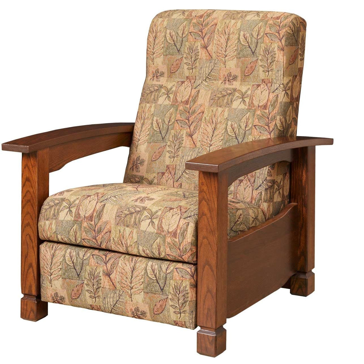 Wood frame recliner in a muted leaf tapestry fabric with oak arms, paneled sides and stepped square feet