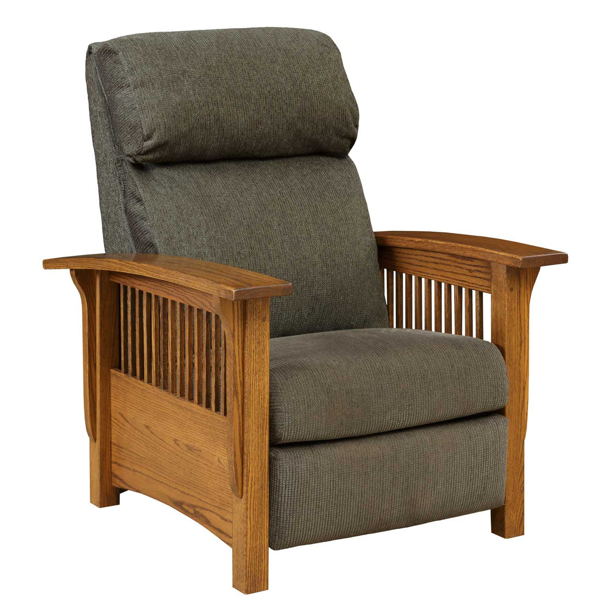 Oak Mission recliner upholstered in olive green textured fabric with slat side panels, curved arms and pillow back