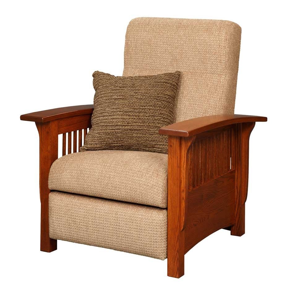 Oak wood frame recliner upholstered in tan textured fabric with matching accent pillow and slatted side panels