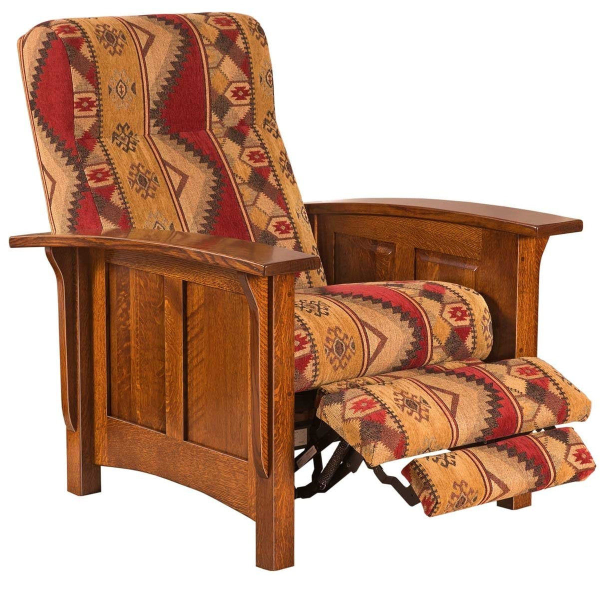 Southwest print oak recliner shown fully reclined with a long footrest extended and paneled side panels