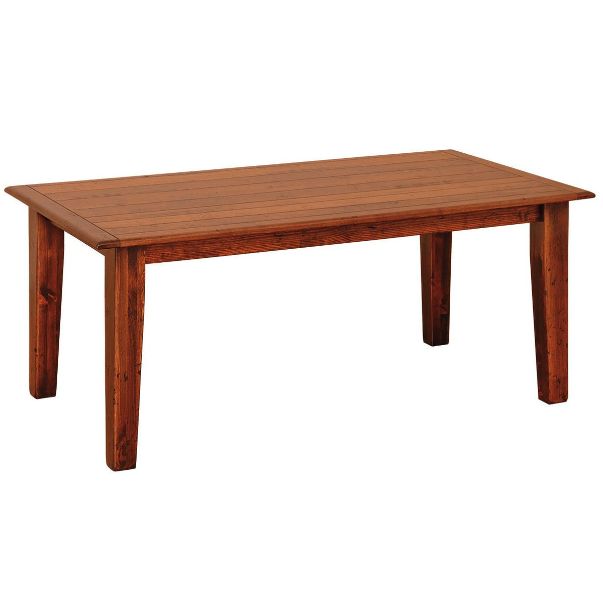Creswell farmhouse dining table with a rustic plank top, breadboard ends and thick tapered square legs