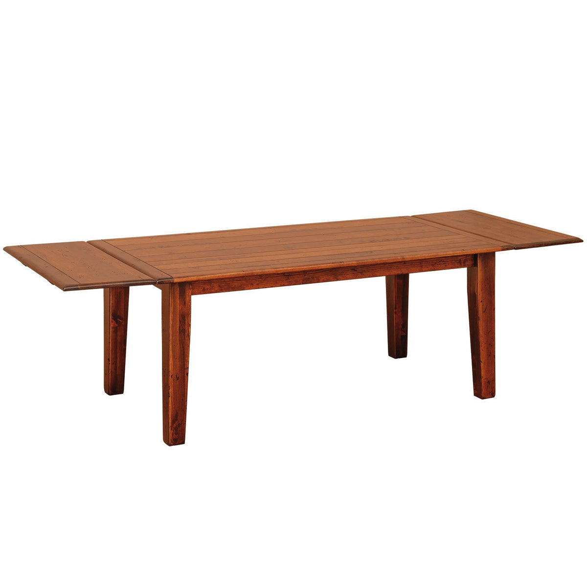 Plank top farm table extended with two leaf boards at the ends, on tapered legs in a warm rustic finish