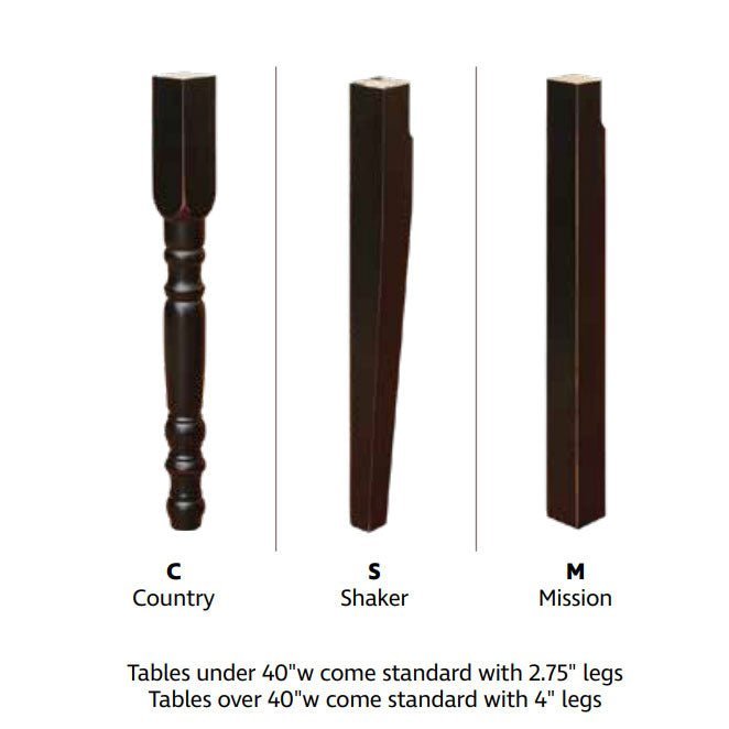 Leg style chart showing Country turned, Shaker tapered and Mission square table legs with size notes