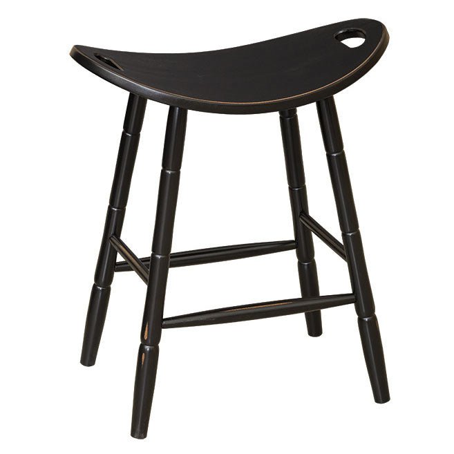 Black saddle seat bar stool with a curved scooped seat, hand holds and turned legs with footrest stretchers