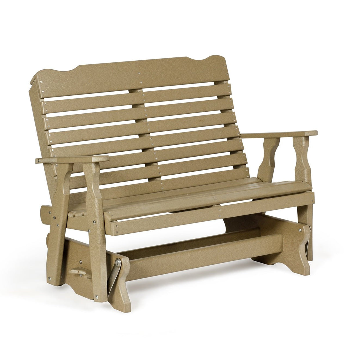 Weatherwood poly four foot glider bench with horizontal back slats, shaped arms and glider frame