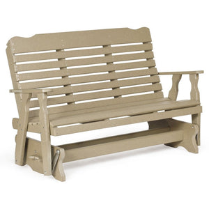 Beige poly patio glider bench for two with a curved slat back, scrolled arms and a smooth glider base