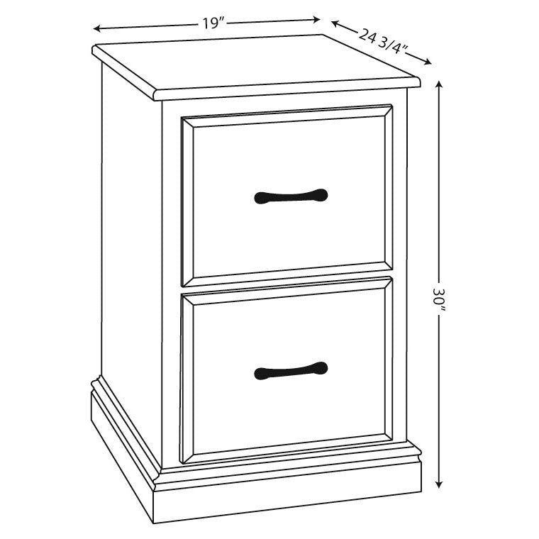 Dimension diagram of the two drawer file cabinet: 19 inches wide, 24.75 inches deep and 30 inches tall