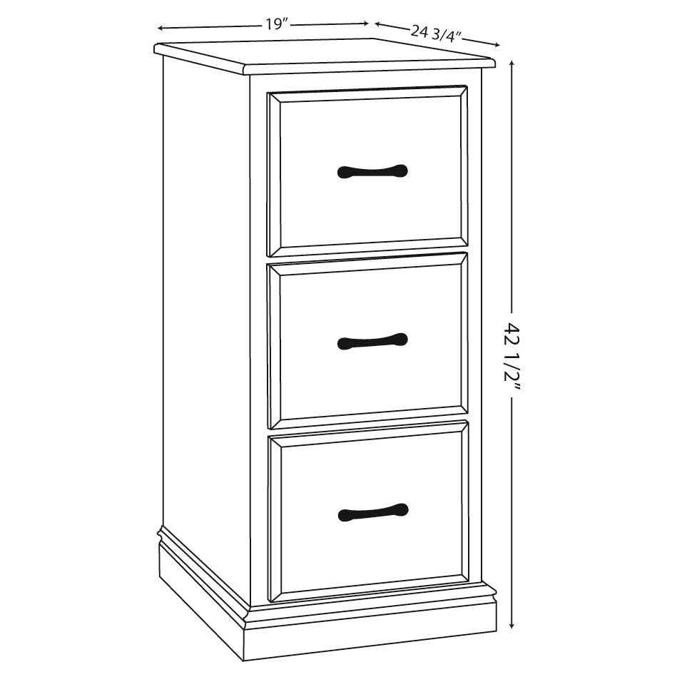 Dimension diagram of the three drawer file cabinet: 19 inches wide, 24.75 deep and 42.5 inches tall