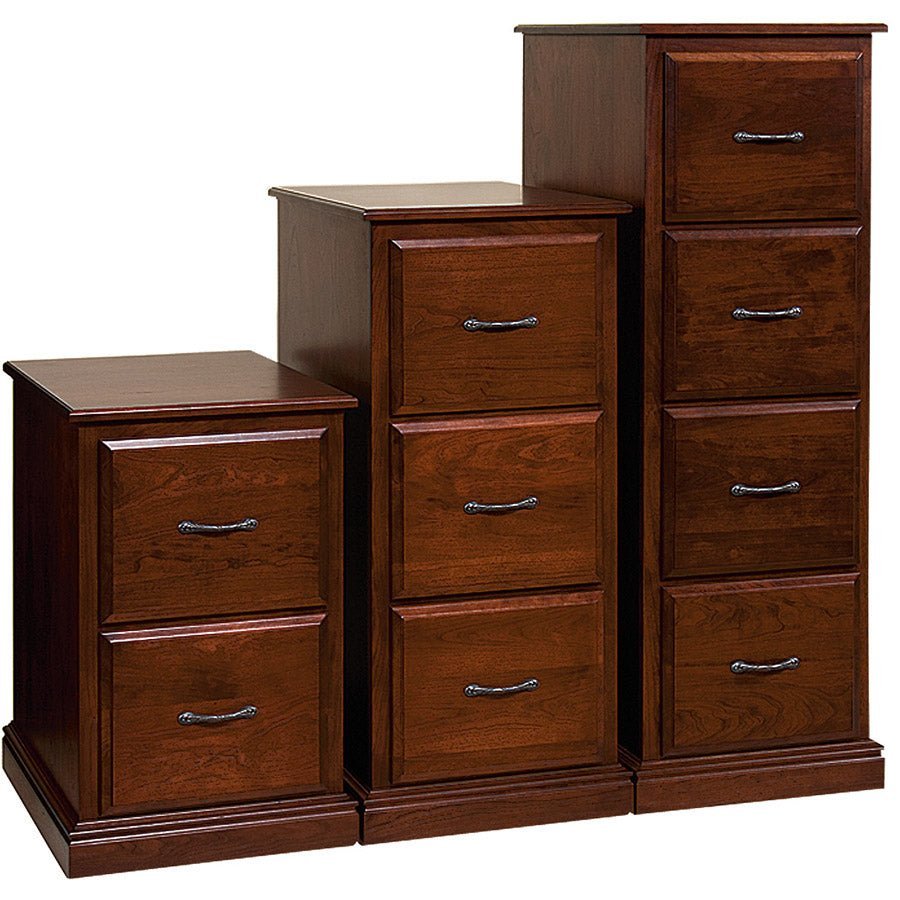 Cherry file cabinets in two, three and four drawer sizes lined up together on a white background