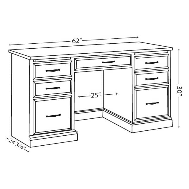 Oak computer desk with hutch, six drawers and paneled upper cabinets, styled with a laptop by a brick wall