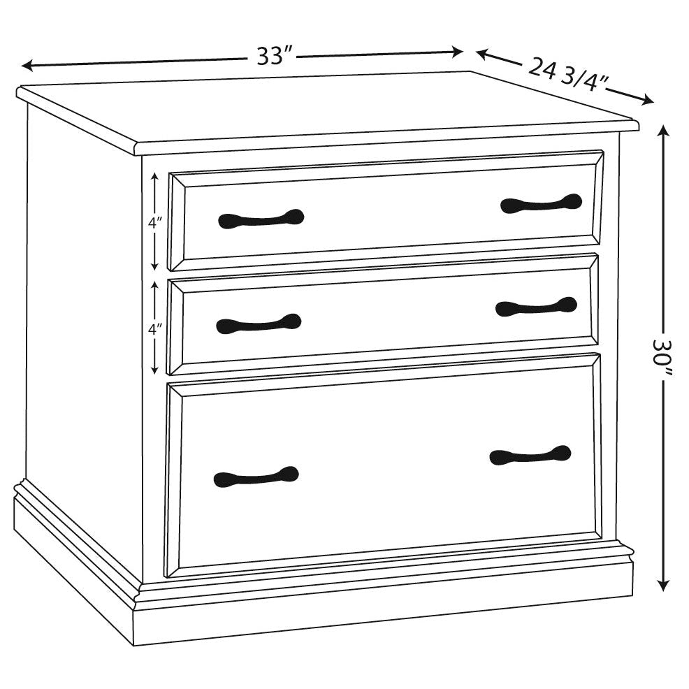 Dimension diagram of the lateral file: 33 inches wide, 24.75 deep, 30 tall with two 4 inch drawers