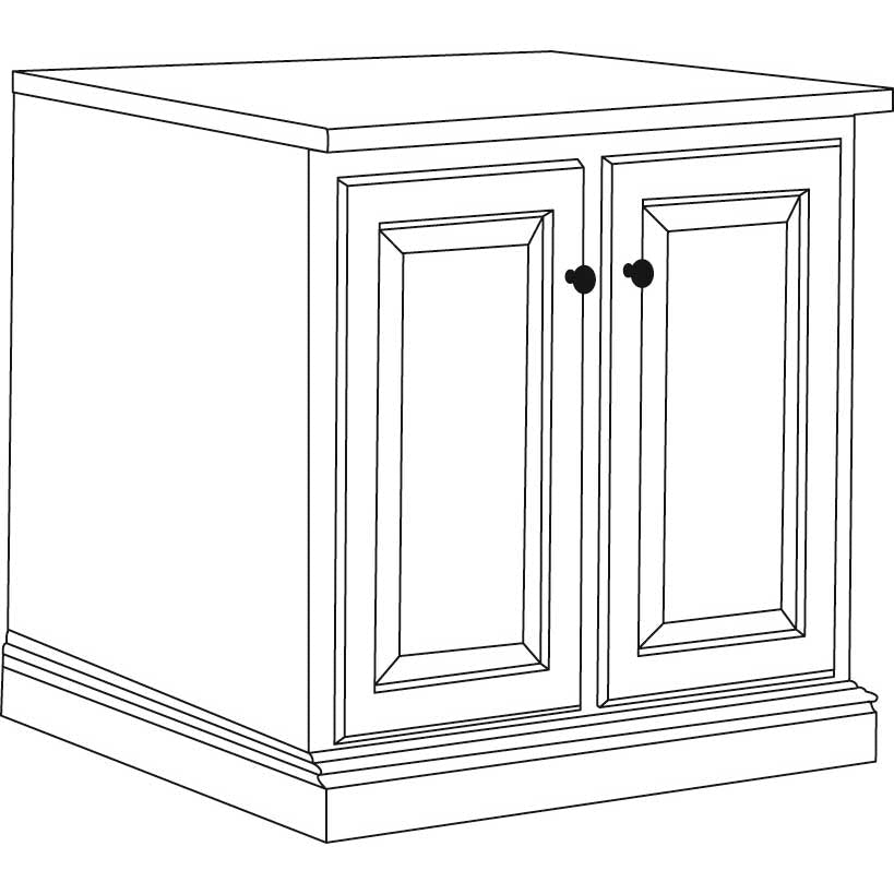 Line drawing of the two-door printer cabinet with raised panel doors, round knobs and a molded plinth base