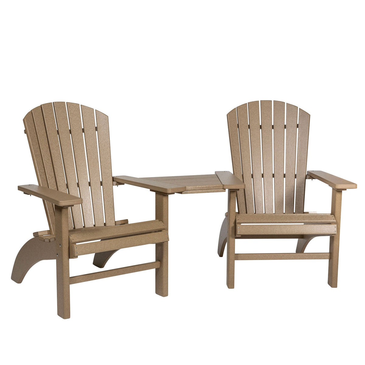 Weatherwood poly fanback Adirondack settee set with two curved slat chairs and a connecting corner table on a white background