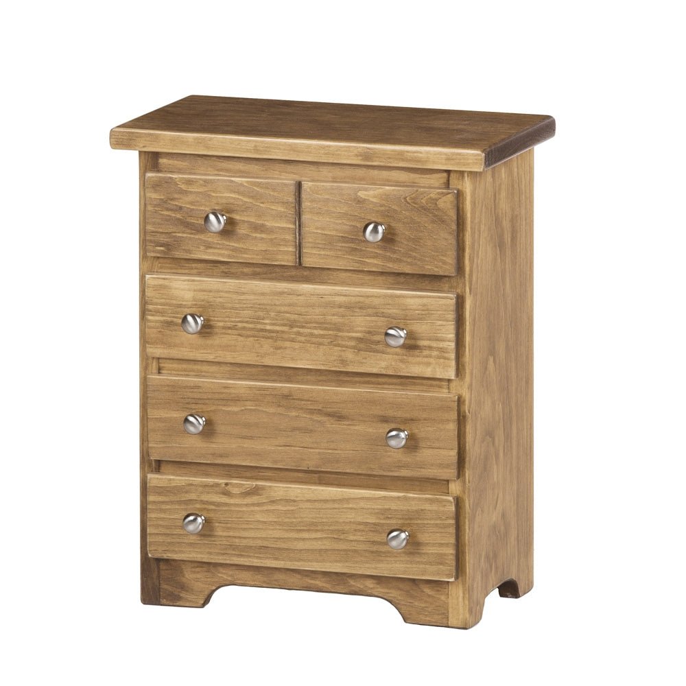 Doll size wooden chest of drawers in a golden honey stain, two small top drawers over three wide drawers with round knobs