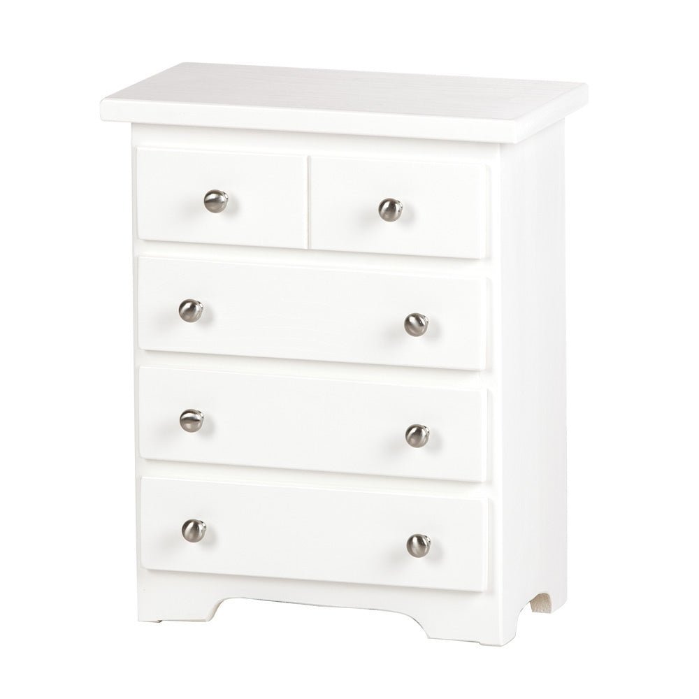 White painted doll chest of drawers with five drawers, satin nickel knobs and a scalloped apron at the base