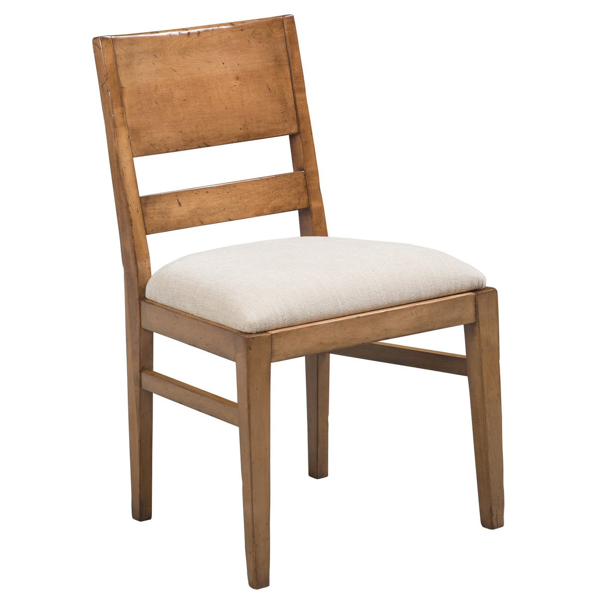Modern dining side chair in a light maple finish with a solid panel back and cream upholstered seat