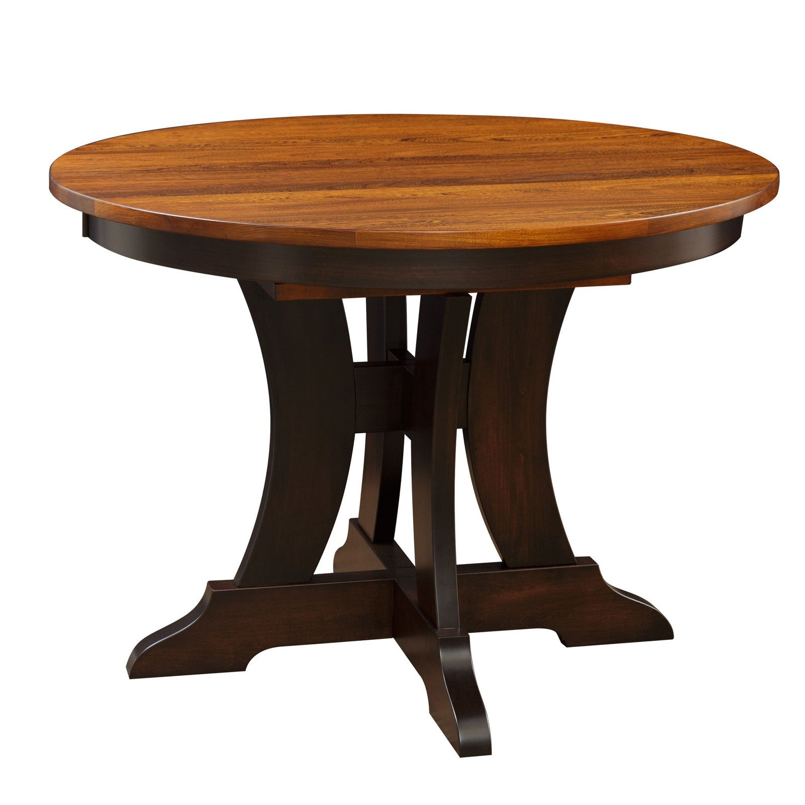 Two-tone round pedestal dining table with a golden oak top and black base plus four dark slat back chairs