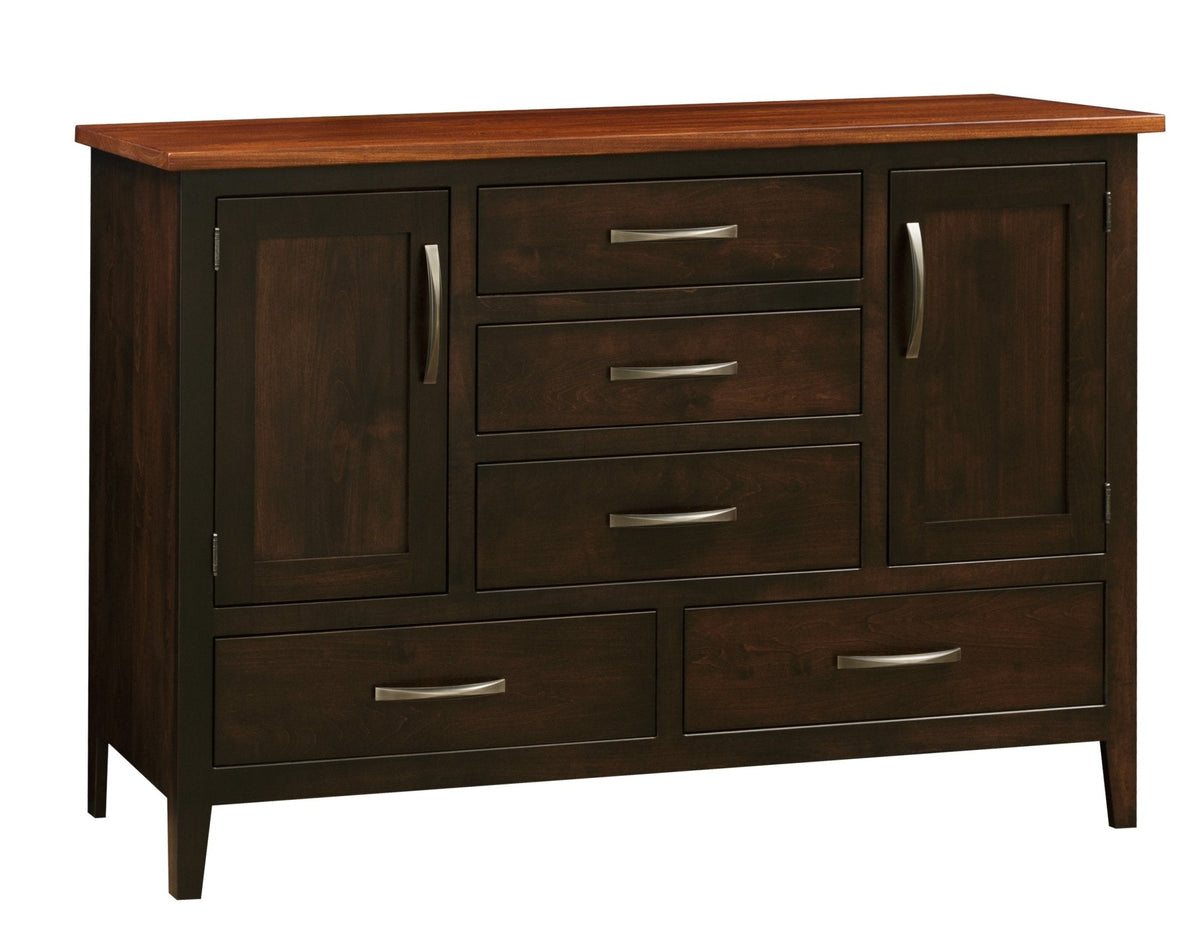 Espresso sideboard buffet with contrasting oak top, two panel doors, three center drawers and tapered legs