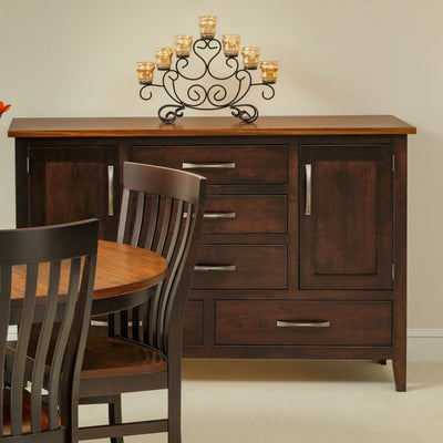 Two-tone dining sideboard with an oak top, espresso base, three center drawers, two doors and two wide drawers