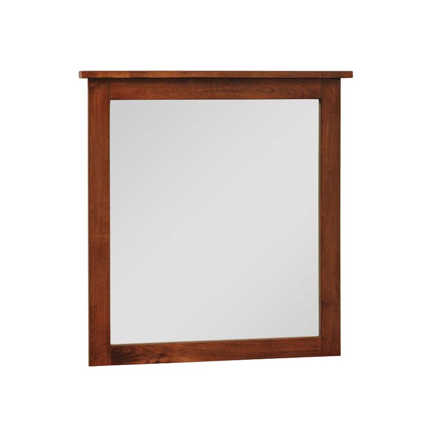 Rectangular solid wood dresser mirror with a wide cherry stained frame and flat crown top