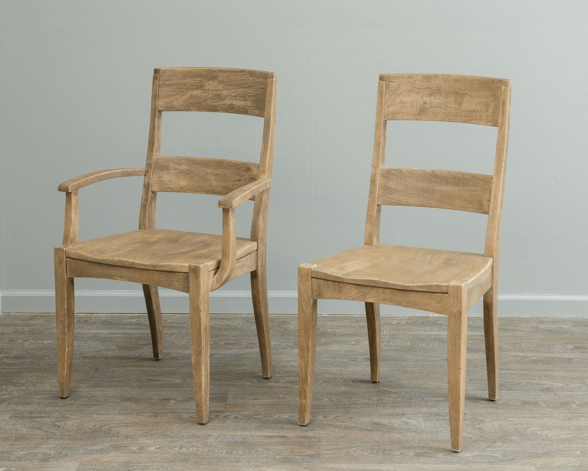 Weathered sand finished dining arm chair and side chair with two slat backs and shaped solid wood seats
