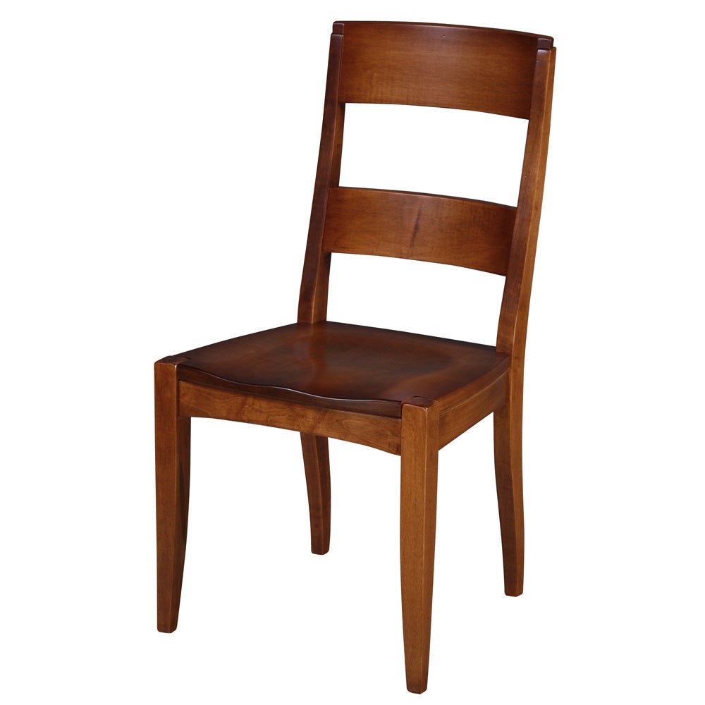 Brown maple dining side chair with a two slat back, contoured wood seat and slightly splayed square legs