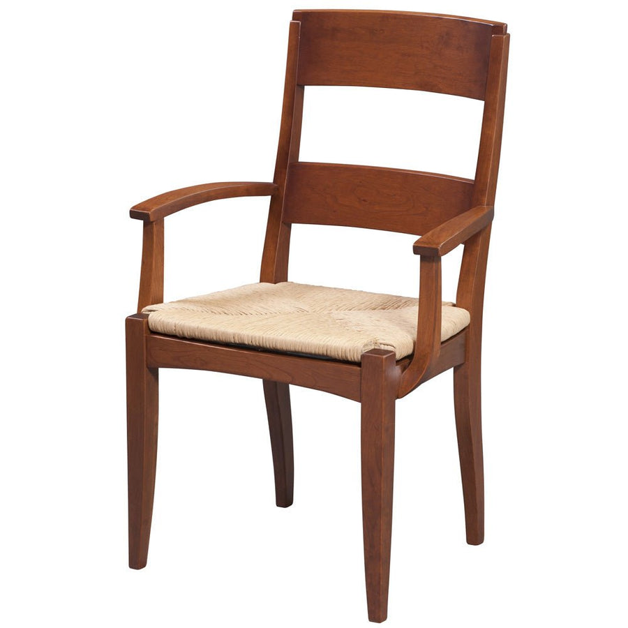 Cherry dining arm chair with a curved two slat back, woven rush seat and gently tapered legs