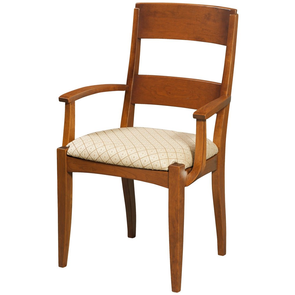 Two slat back dining arm chair in cherry with a cream patterned upholstered seat and shaped open arms