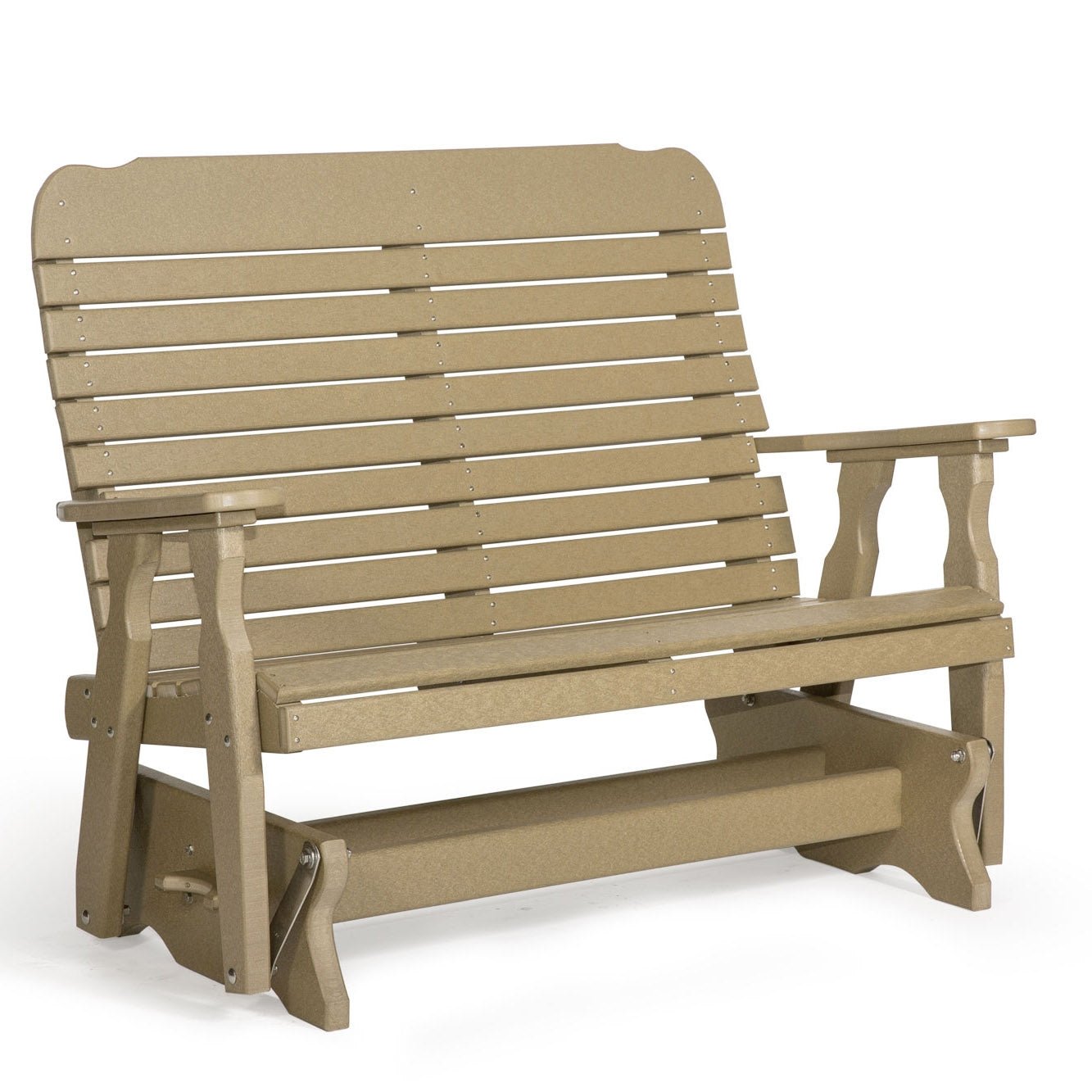 Cedar and black poly double glider bench with round coffee table and glider chair set on a brick paver patio