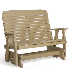 Weatherwood poly 4 foot glider bench for two with rolled slat back, shaped arms and glider base on white