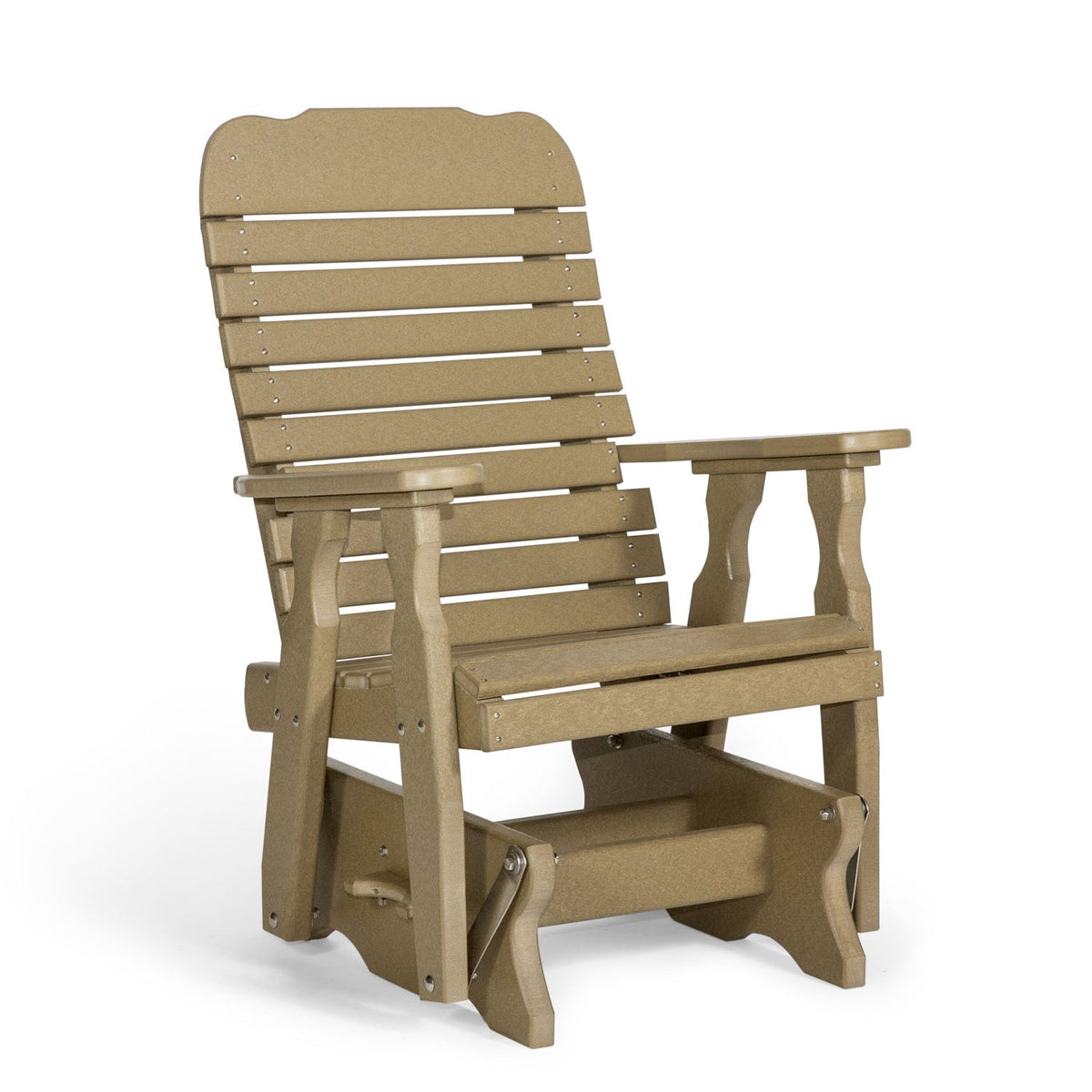 Weathered wood poly easy glider chair with curved slat back, wide arms and glider base on a white background