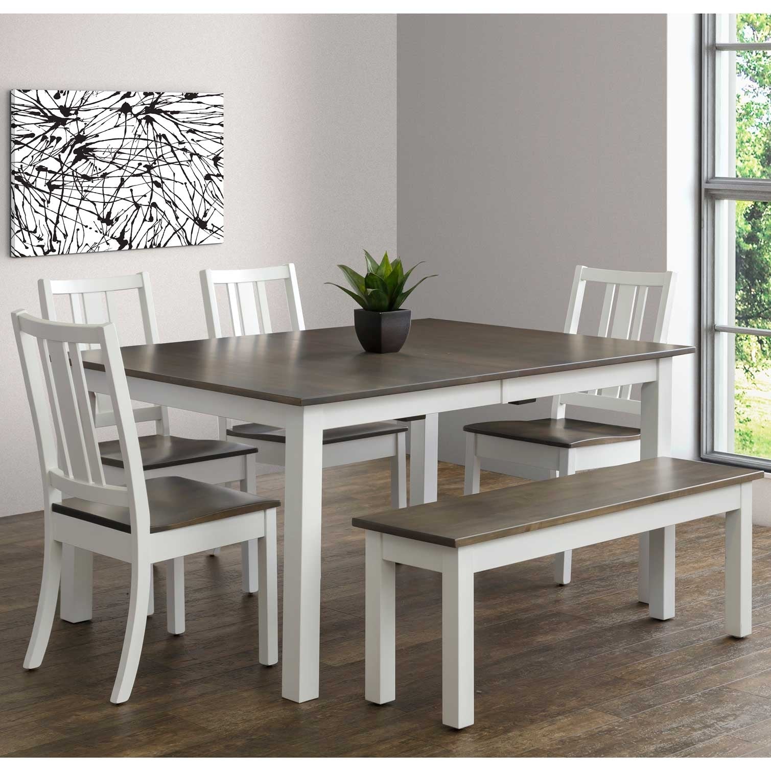 Six piece dining set with white painted table and chairs, gray tops, four side chairs and a long bench