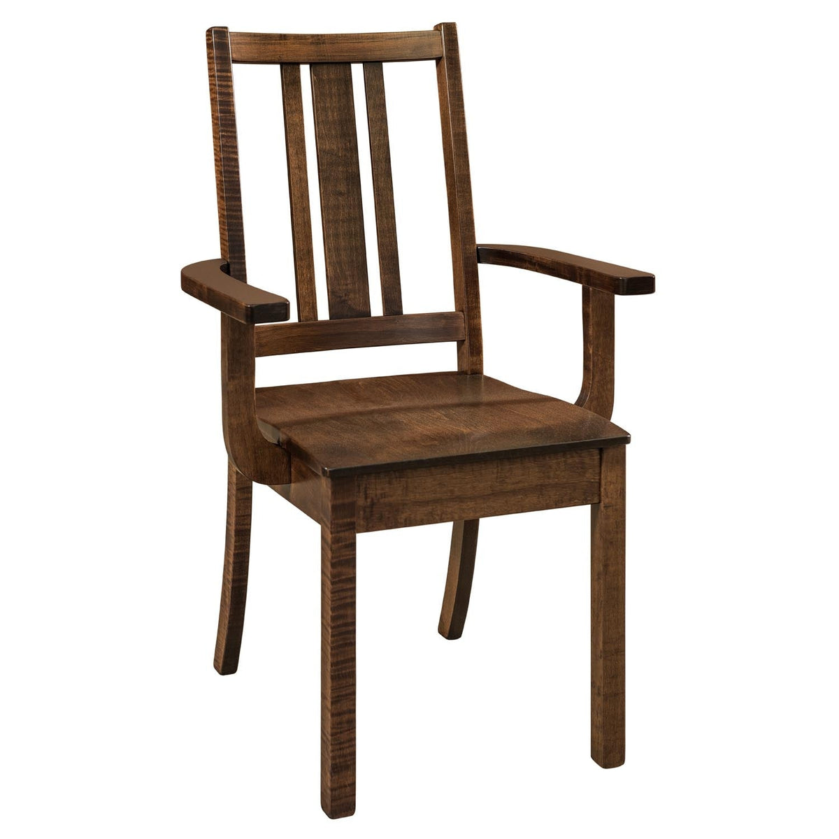 Rustic maple dining arm chair with slatted back, wide flat arms and figured plank seat on white