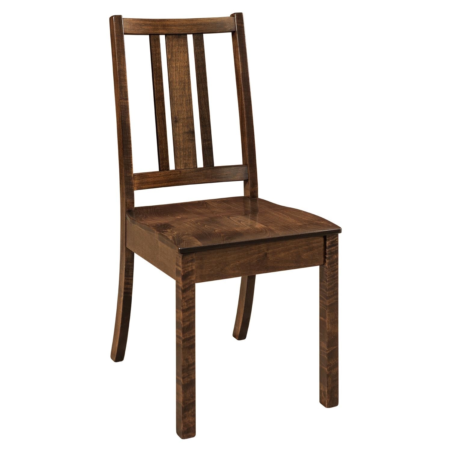 White painted dining side chairs with three back slats and gray stained seats at a two-tone plank table