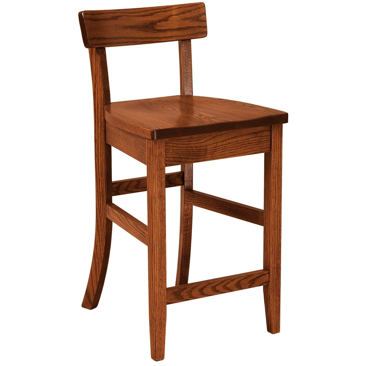 Oak low back bar stool with a single curved crest rail, saddle wood seat and double side footrest rails