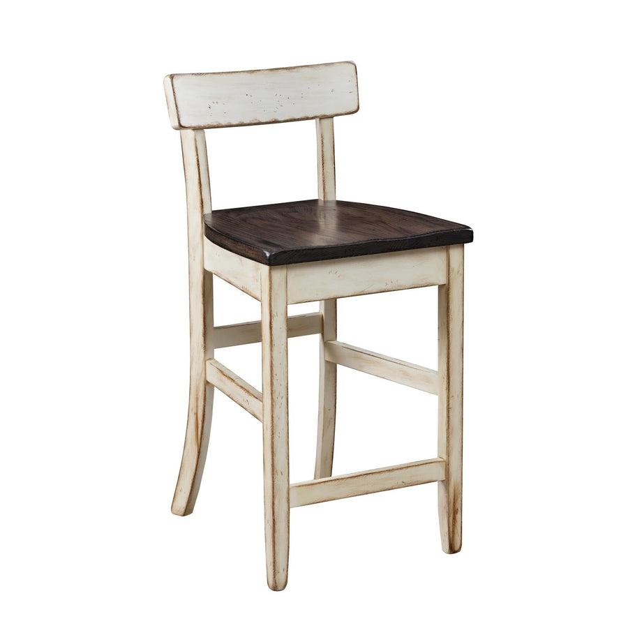 Distressed white bar chair with a rounded low back rail, dark brown seat and tapered legs with stretchers