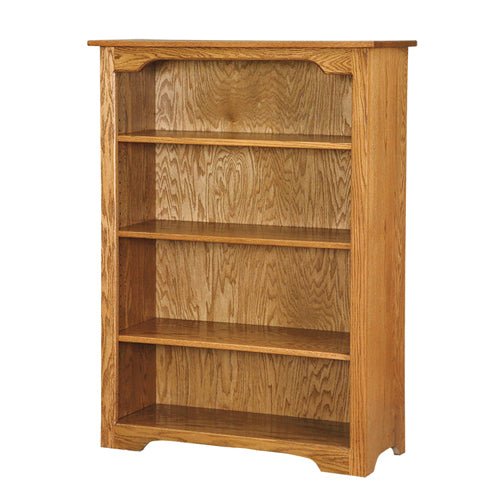Golden oak bookcase with three adjustable shelves, arched valance and scalloped base on a white background