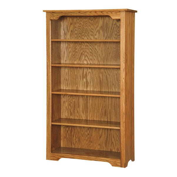 Sixty inch oak bookcase with four adjustable shelves, arched top detail and curved base cutouts