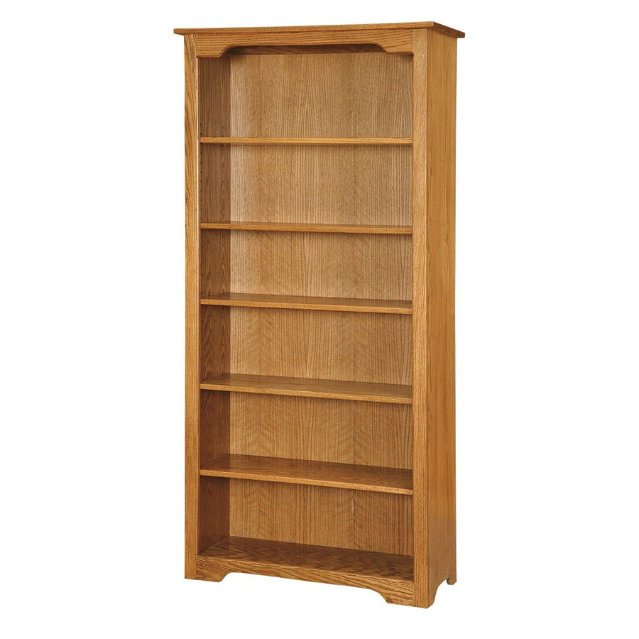 Seventy-two inch oak bookcase with five adjustable shelves and a shaped top rail on a white background