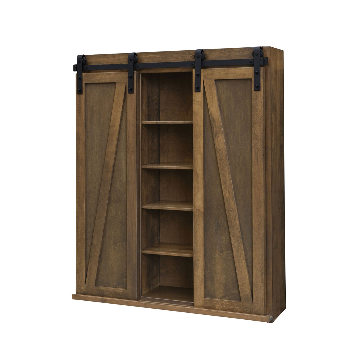 Barn door bookcase with five open shelves flanked by two sliding Z-plank doors on black iron track hardware