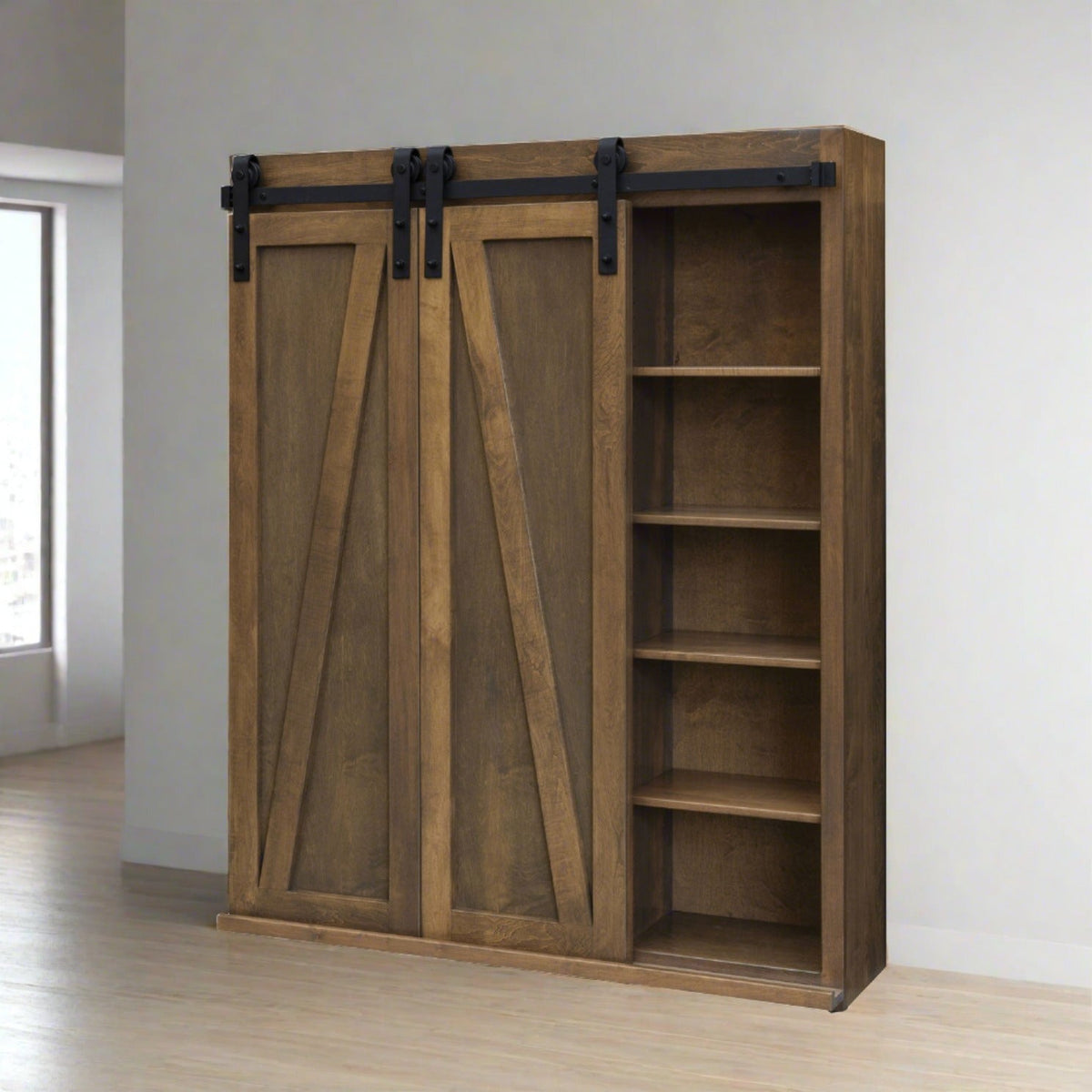 Sliding barn door bookcase in weathered brown wood with two Z-brace doors on black rails and open shelves