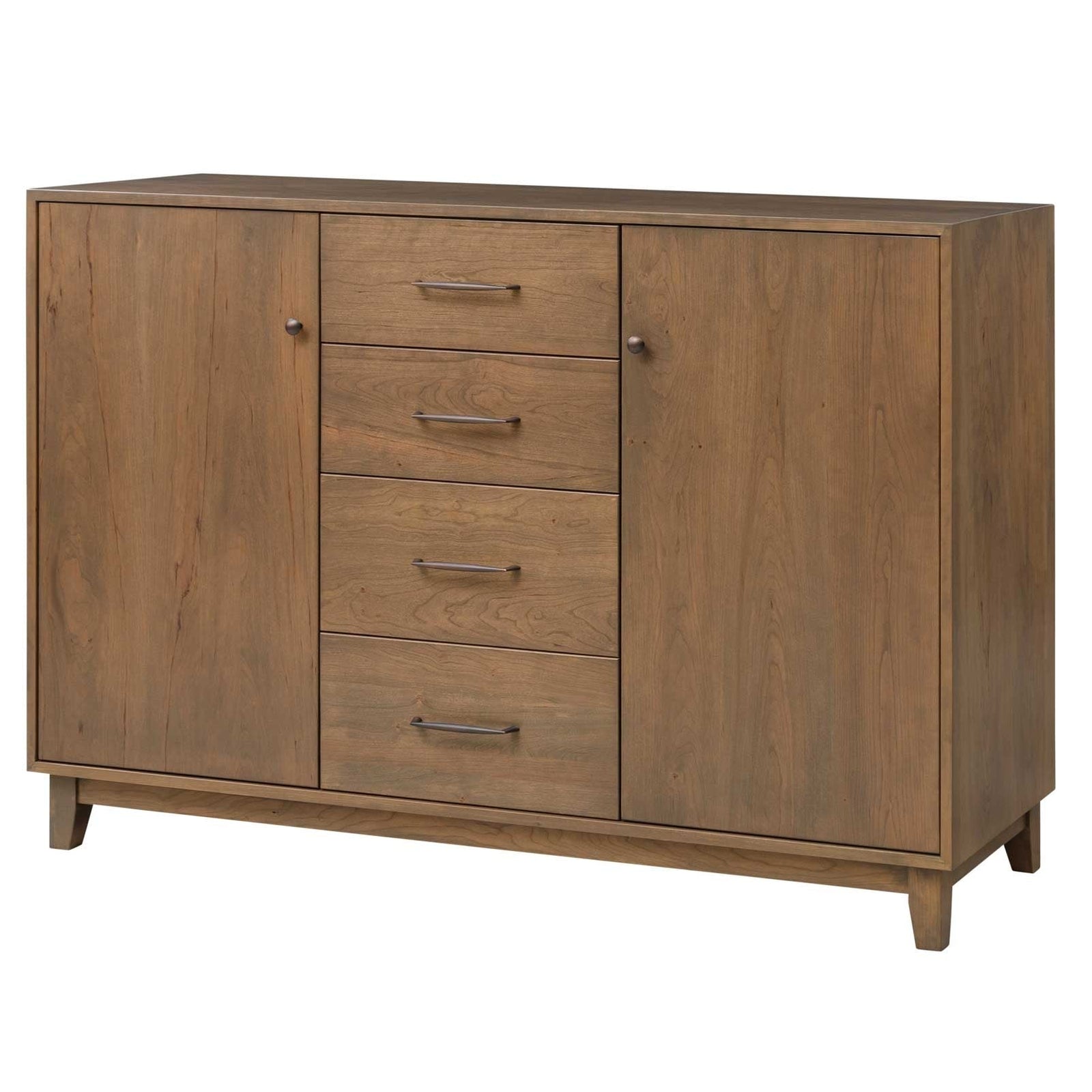 Mid century modern dining sideboard in walnut brown with two doors, four center drawers and angled legs
