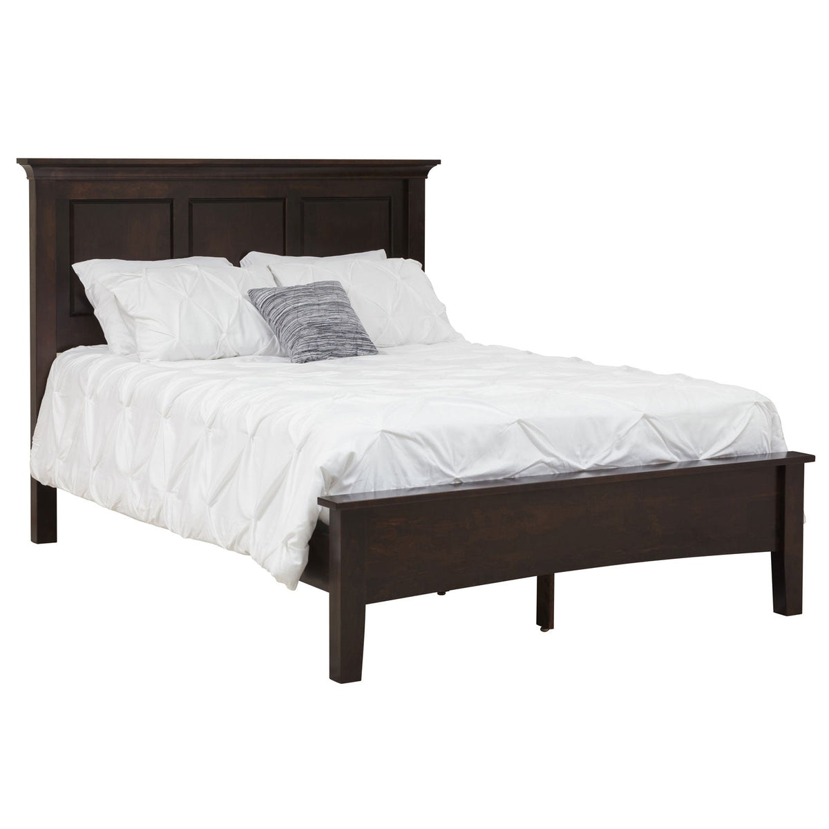 Dark espresso panel bed with crown-topped headboard, paneled footboard and crisp white pintuck bedding