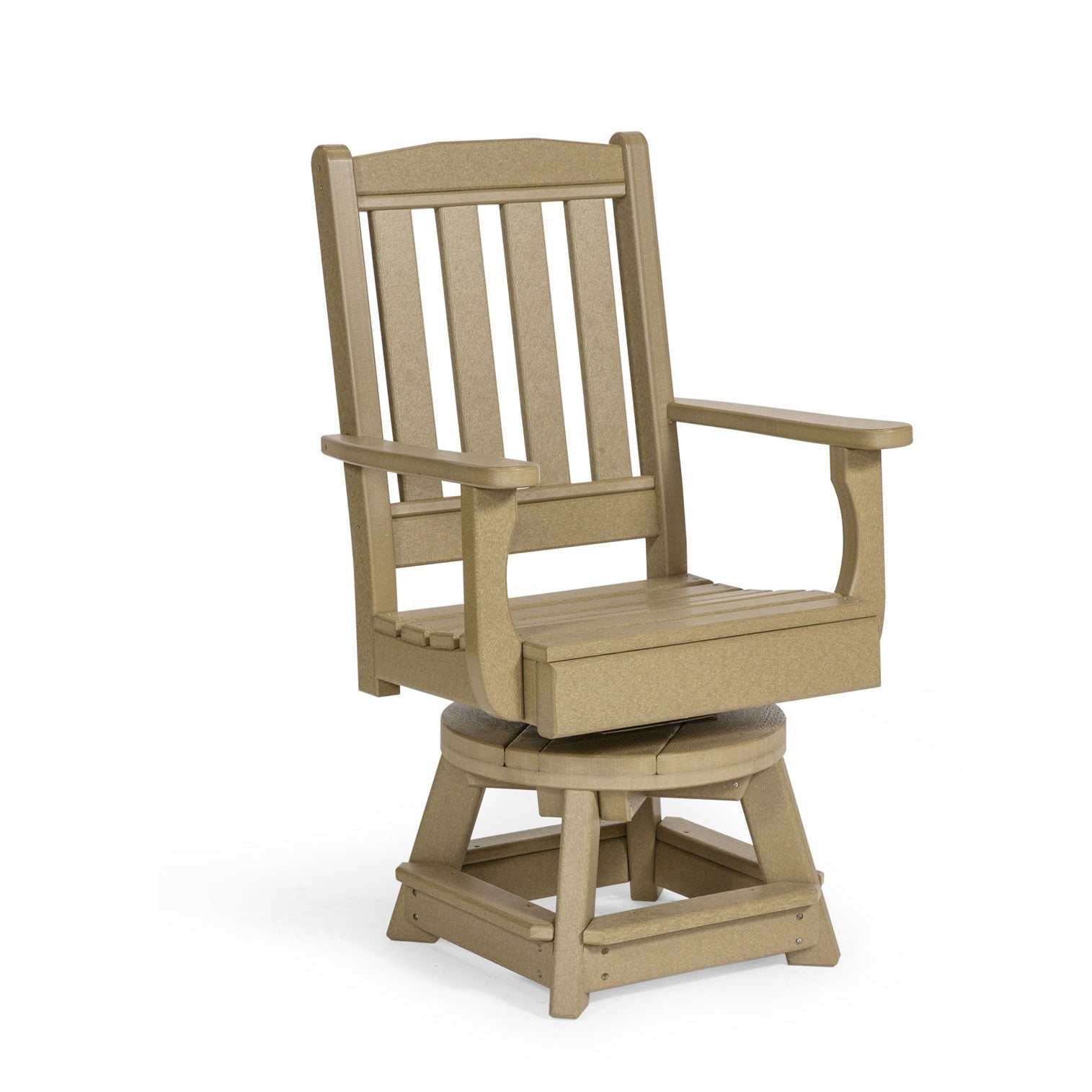 Gray poly swivel dining arm chairs with slat backs at a rectangular patio table set with a charcuterie board
