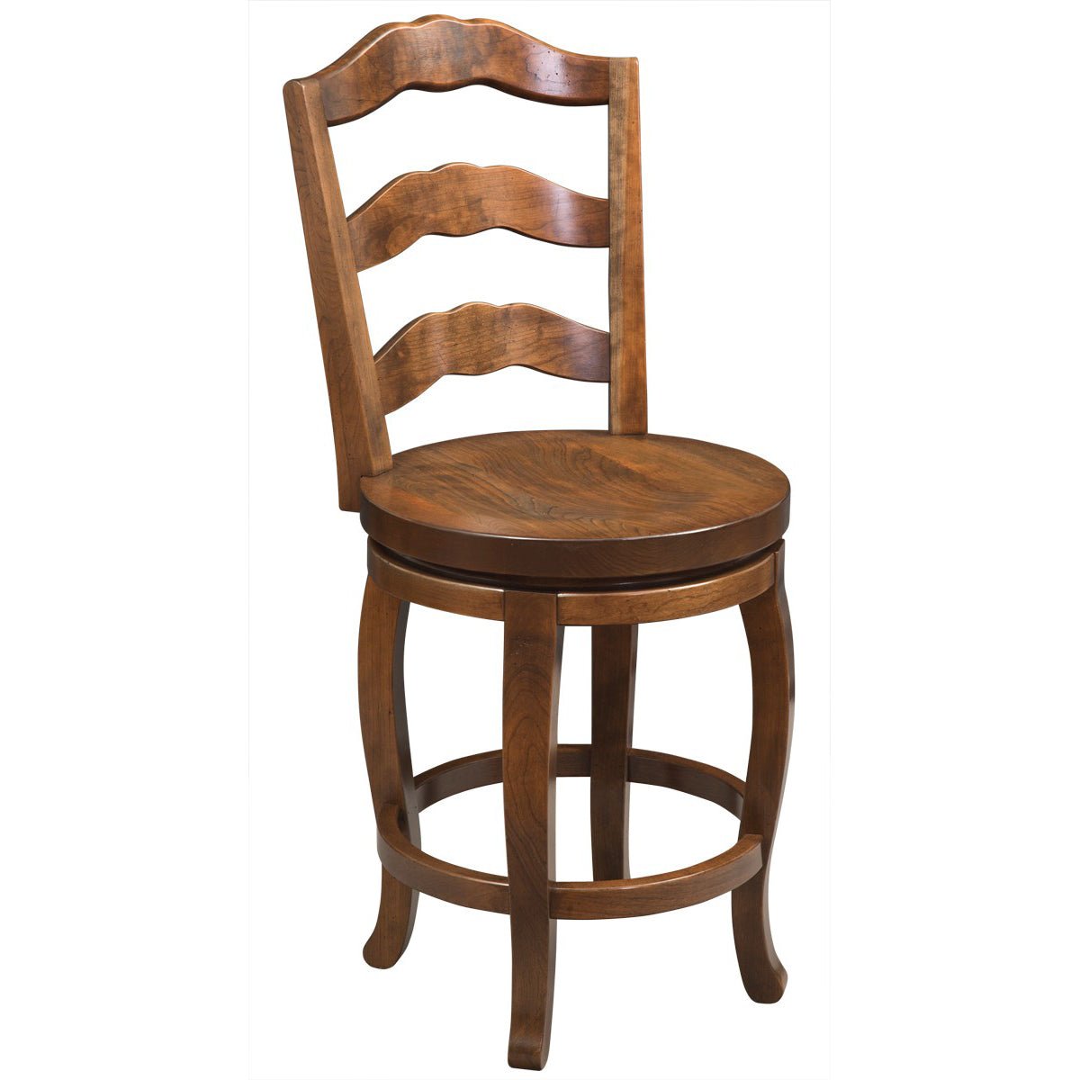 Swivel bar stool with a scalloped ladder back, round saddle seat and curved legs joined by a ring footrest