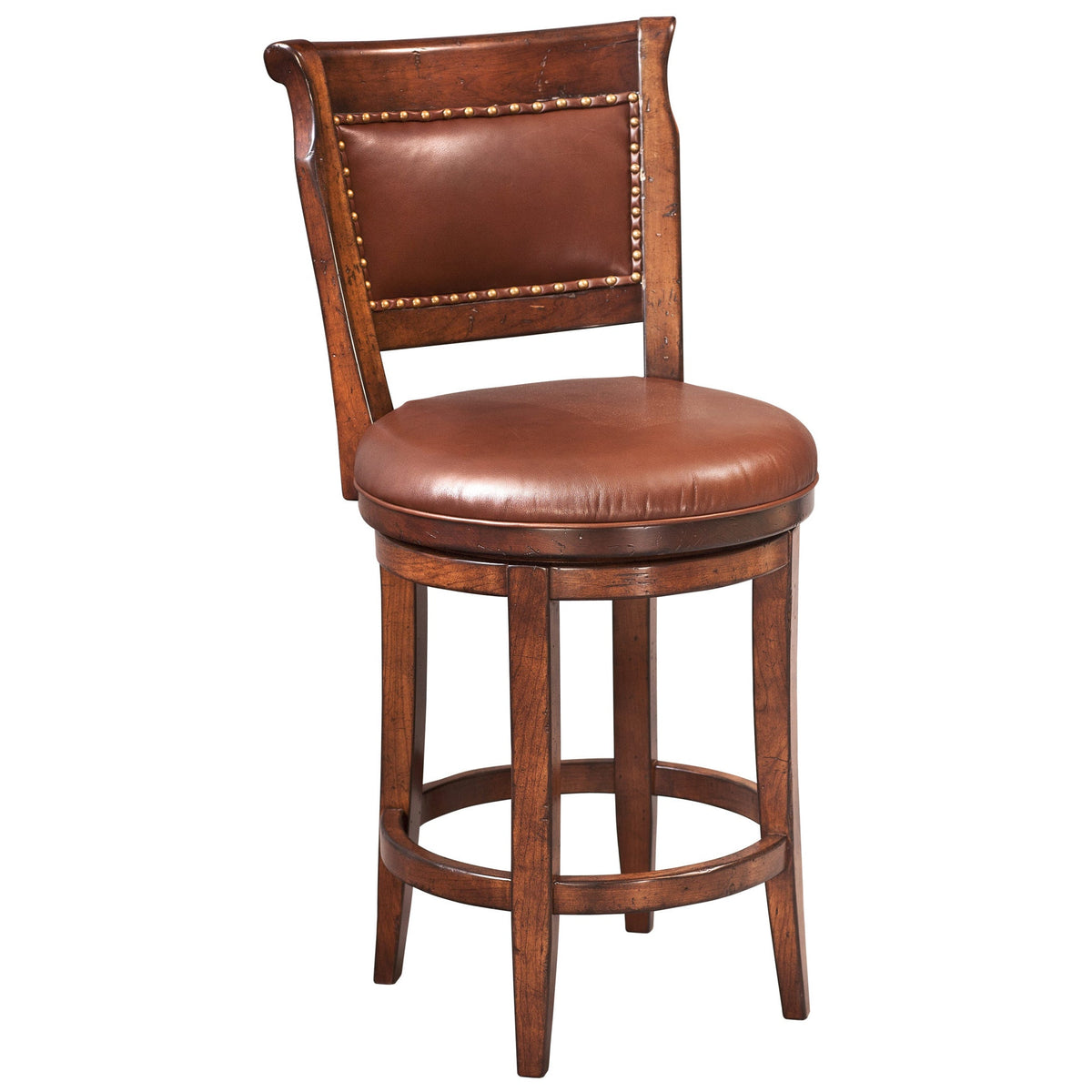 Cherry swivel pub stool with a caramel leather seat, nailhead studded back panel and ring footrest