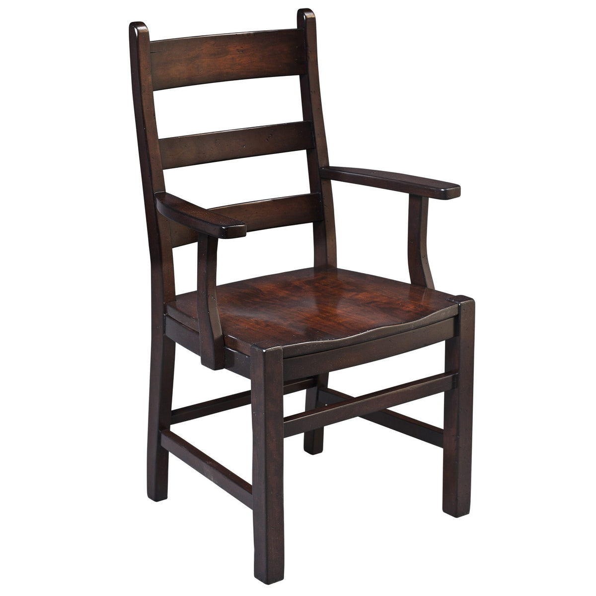 Espresso finished ladder back arm chair with three slats and a contrasting warm brown wood seat