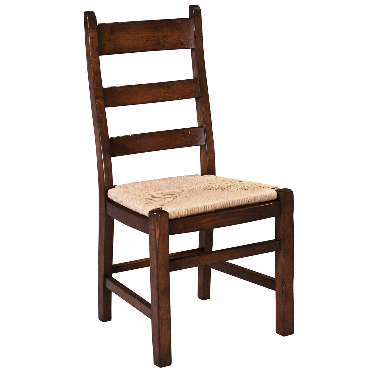 Dark cherry ladder back side chair with three flat slats, a woven rush seat and square block legs