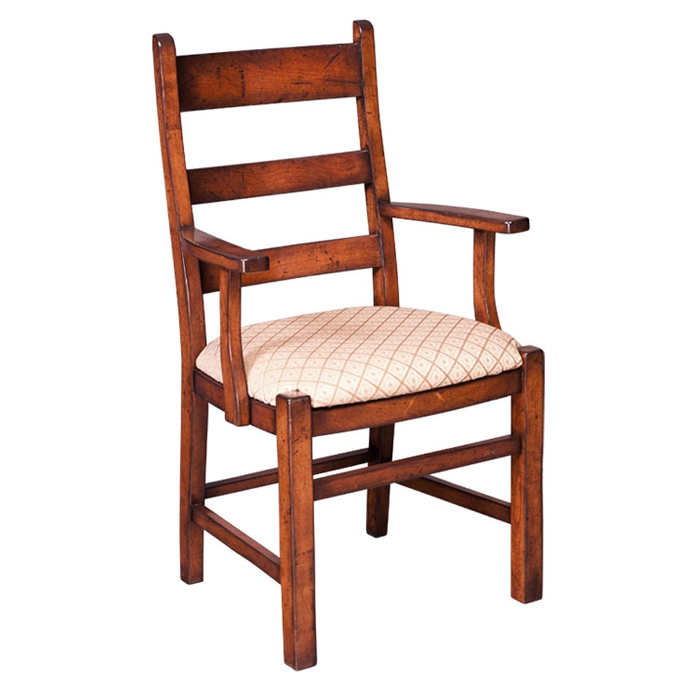 Farmhouse ladder back arm chair in distressed cherry with flat arms and a beige patterned cushioned seat