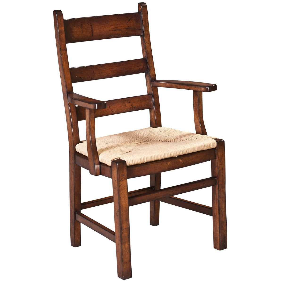 Rustic cherry ladder back arm chair with two wide slats, a natural woven rush seat and box stretchers